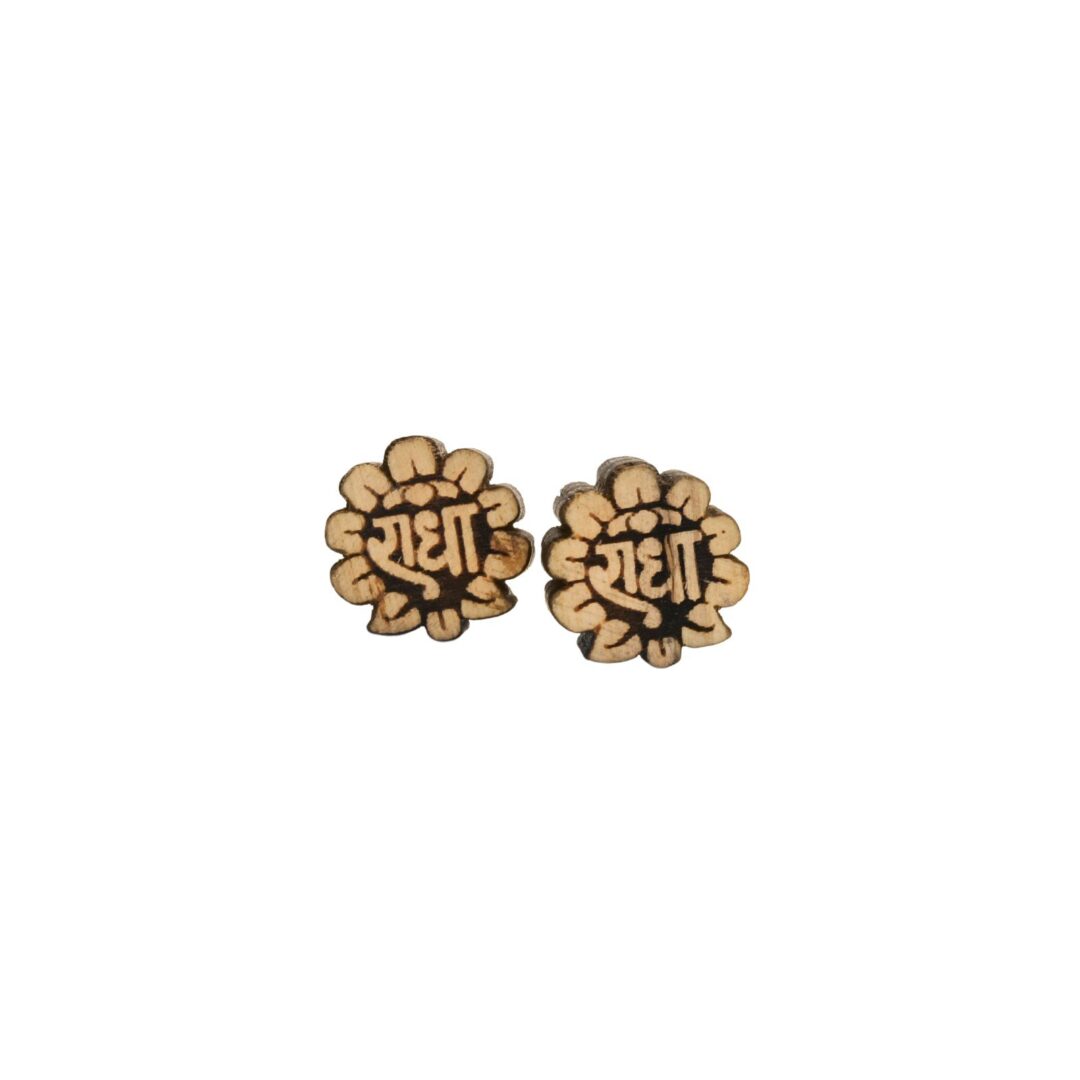 Divine Tulsi Wood Earrings – Flower Shaped with "Radha" Inscription