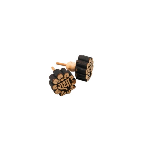 Divine Tulsi Wood Earrings – Flower Shaped with "Radha" Inscription - Image 2