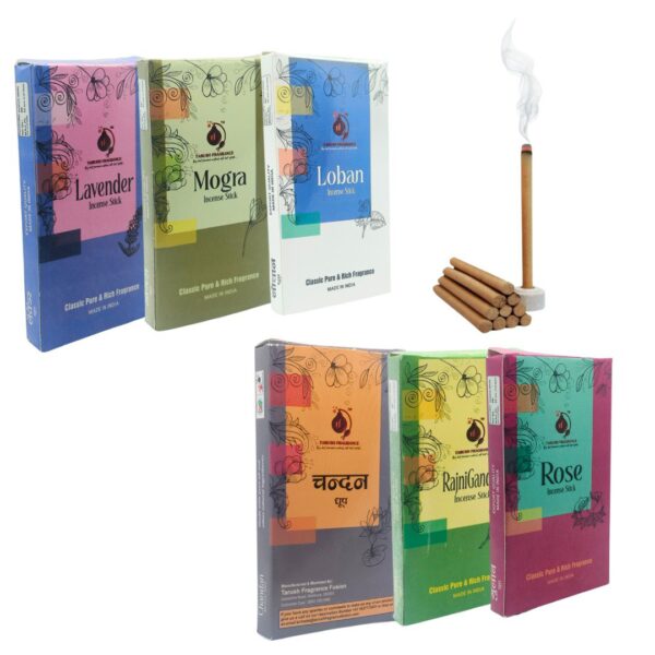 Premium Dhoop Stick Set – 6 Fragrances | Lavender, Loban, Mogra, Chandan, Rose & Rajnigandha