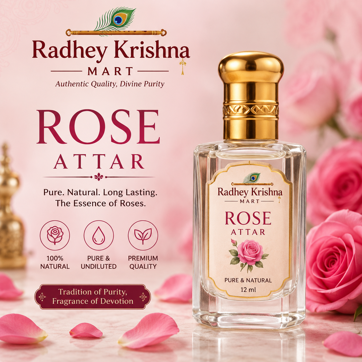 Pure Rose Attar – Natural Floral Perfume Oil | Alcohol-Free | Long-Lasting Fragrance 12 ml