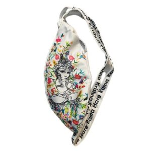 White Premium Bead Bag with Krishna Print | Hare Rama Hare Krishna Mahamantra Printed on Belt | For Japa Mala & Bhakti Use