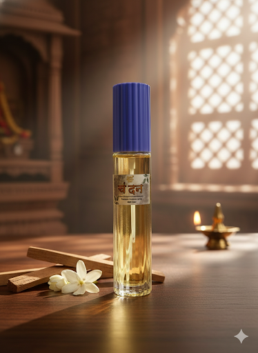 Chandan Perfume Spray for Thakur Ji Vastra Seva – 60ml | Sandalwood Attar | Premium Glass Bottle | Divine Cooling Fragrance for Pooja