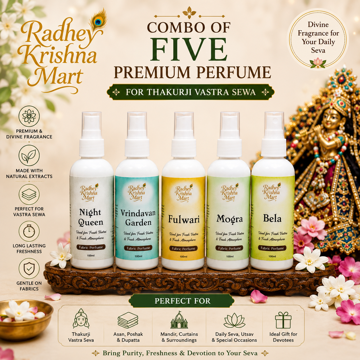 Premium Perfume Combo for Thakurji Vastra Seva | Pack of 5 Divine Floral Fragrances | Night Queen, Vrindavan Garden, Fulwari, Mogra & Bela | 100ml Each | Radhey Krishna Mart