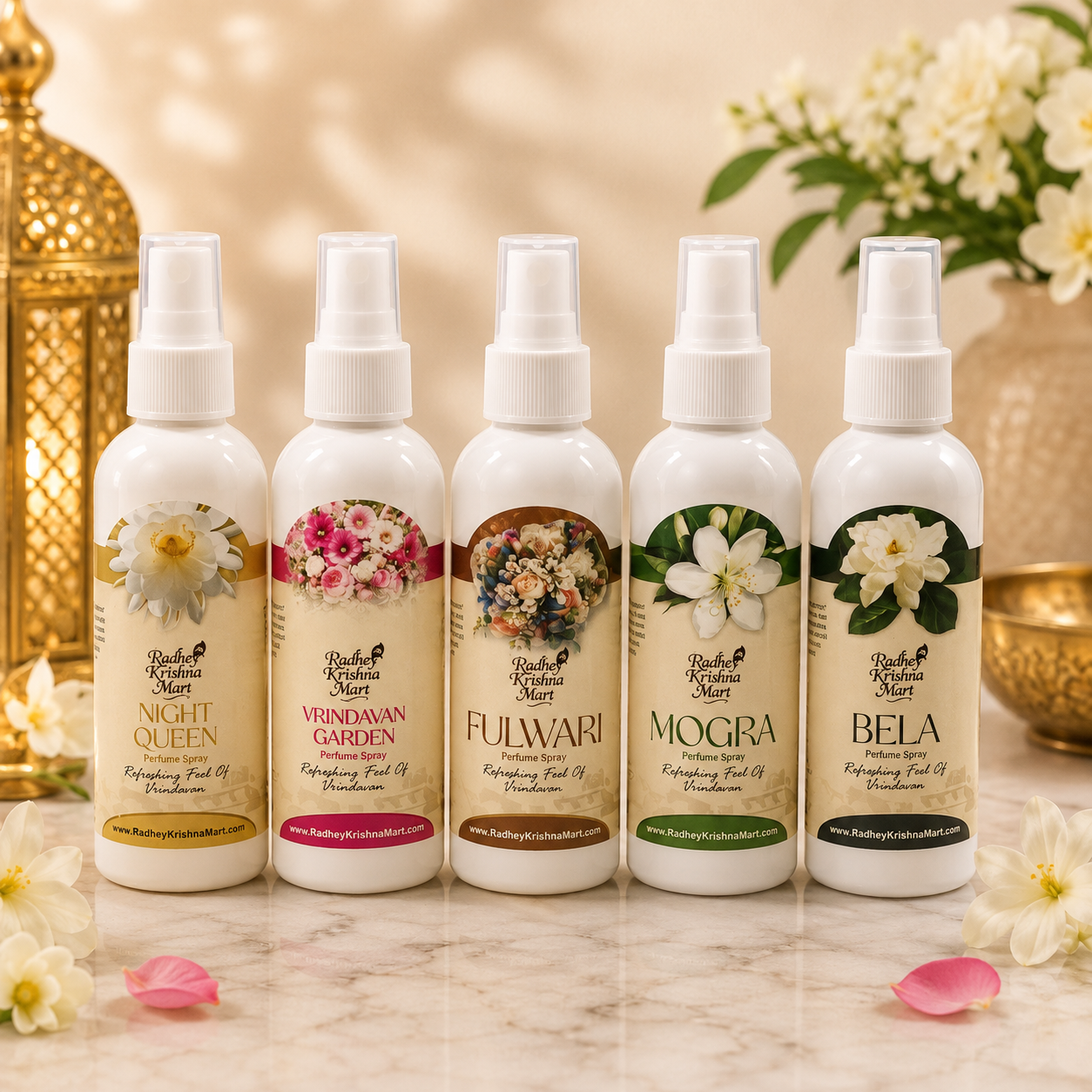 Premium Perfume Combo for Thakurji Vastra Seva| Type 1| Pack of 5 Divine Floral Fragrances | Night Queen, Vrindavan Garden, Fulwari, Mogra & Bela | 100ml Each | Radhey Krishna Mart