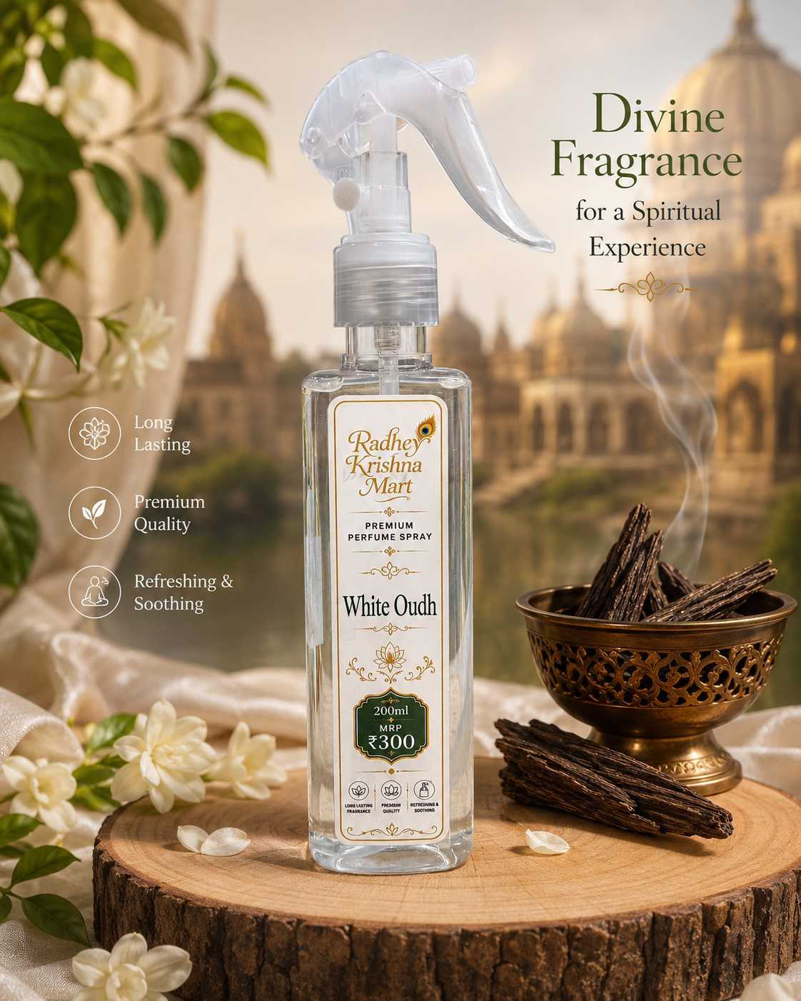 White Oudh-Radhey Krishna Mart Premium Perfume Spray – Fragrance | 200ml | Long-Lasting Room, Temple & Fabric Freshener