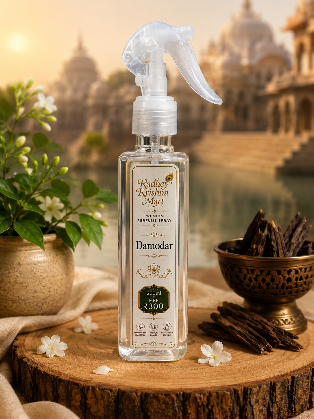 Damodar-Radhey Krishna Mart Premium Perfume Spray – Fragrance | 200ml | Long-Lasting Room, Temple & Fabric Freshener