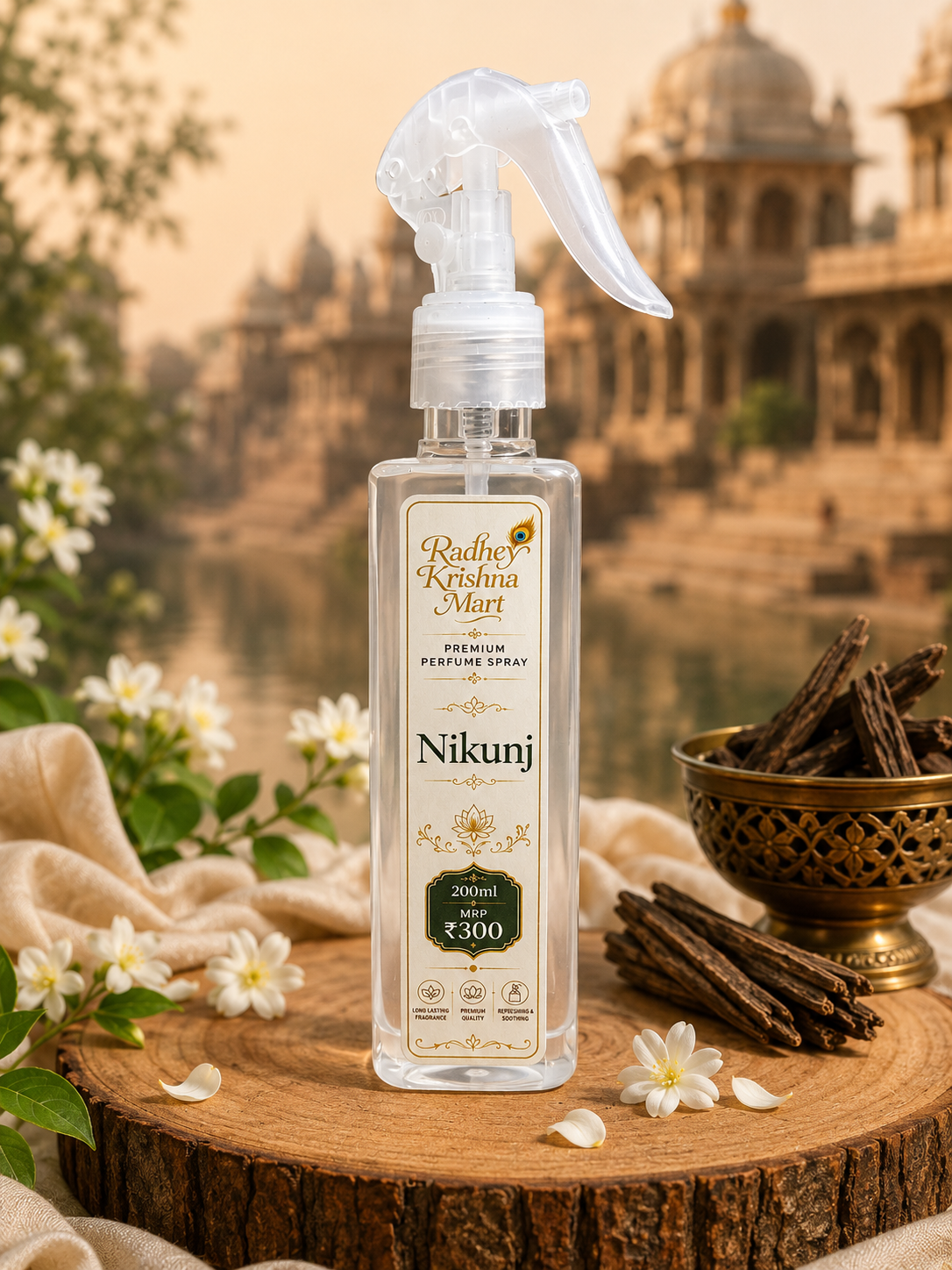 Nikunj- Radhey Krishna Mart Premium Perfume Spray – Fragrance | 200ml | Long-Lasting Room, Temple & Fabric Freshener