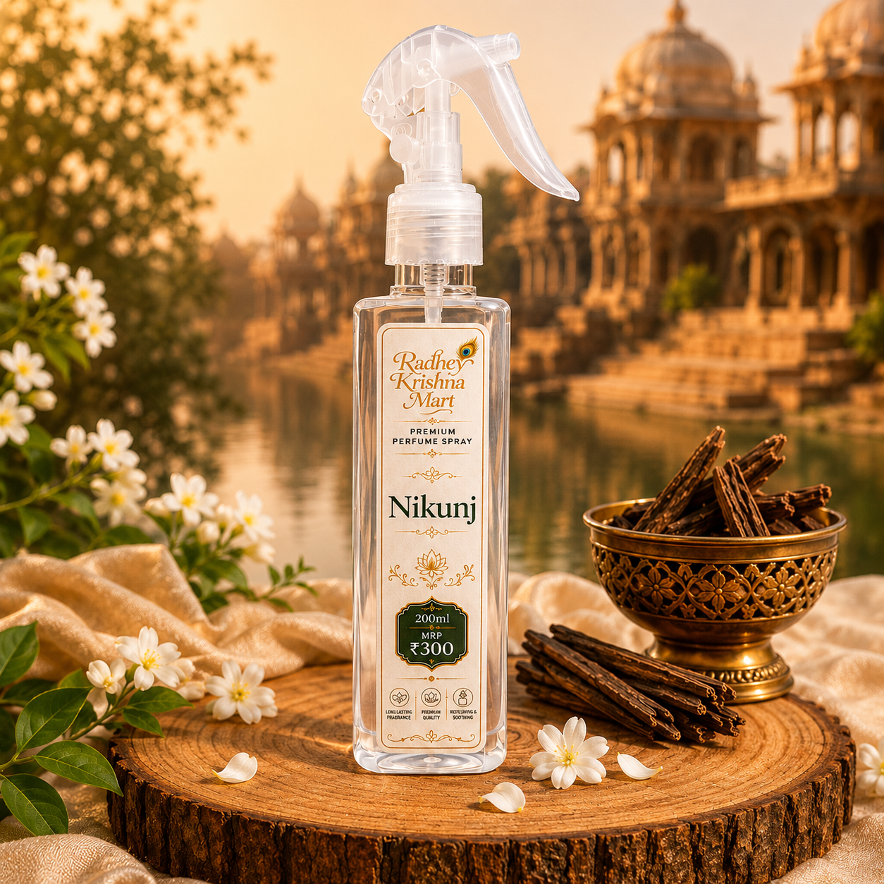 Nikunj- Radhey Krishna Mart Premium Perfume Spray – Fragrance | 200ml | Long-Lasting Room, Temple & Fabric Freshener