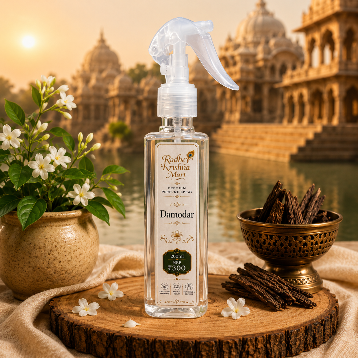 Damodar-Radhey Krishna Mart Premium Perfume Spray – Fragrance | 200ml | Long-Lasting Room, Temple & Fabric Freshener