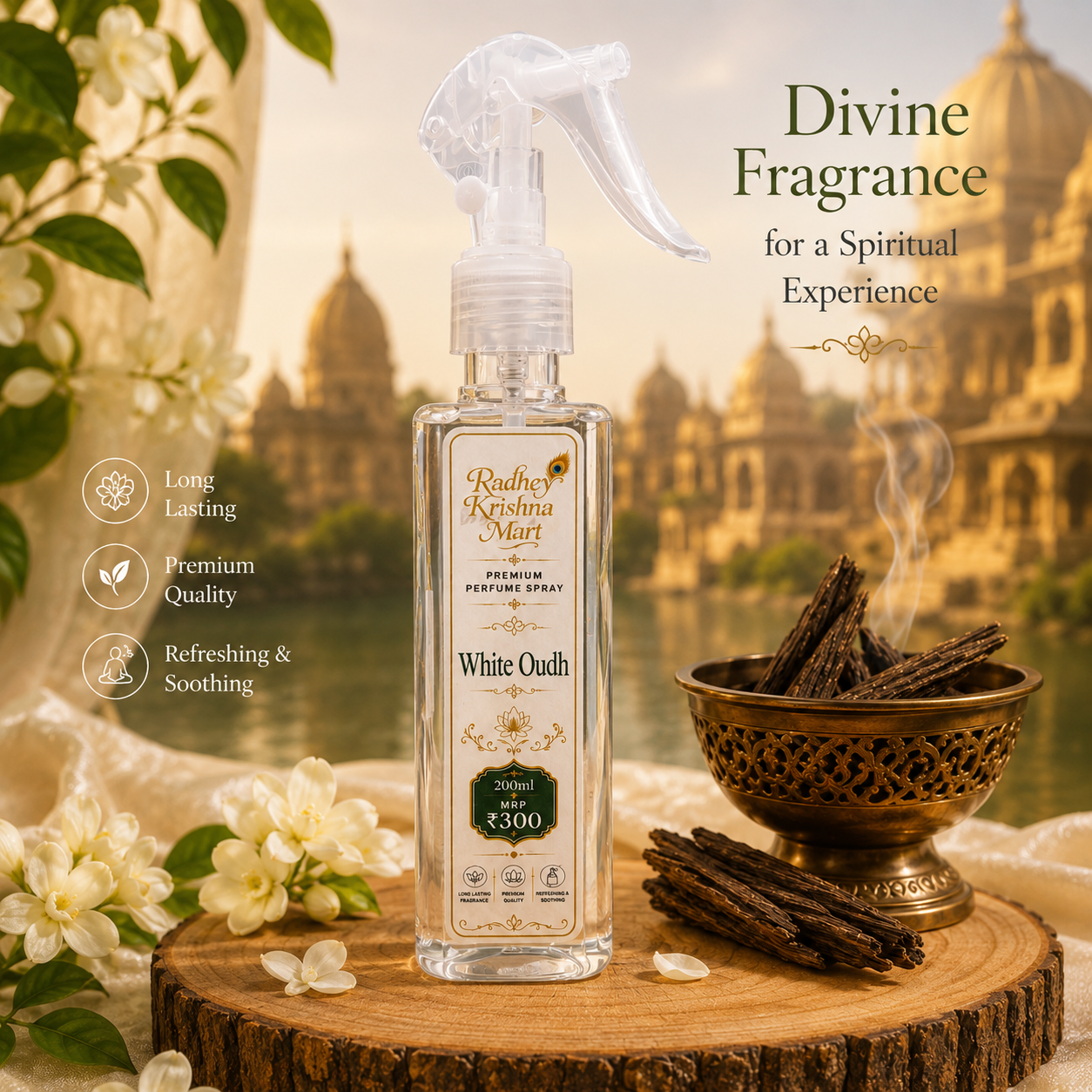 White Oudh-Radhey Krishna Mart Premium Perfume Spray – Fragrance | 200ml | Long-Lasting Room, Temple & Fabric Freshener