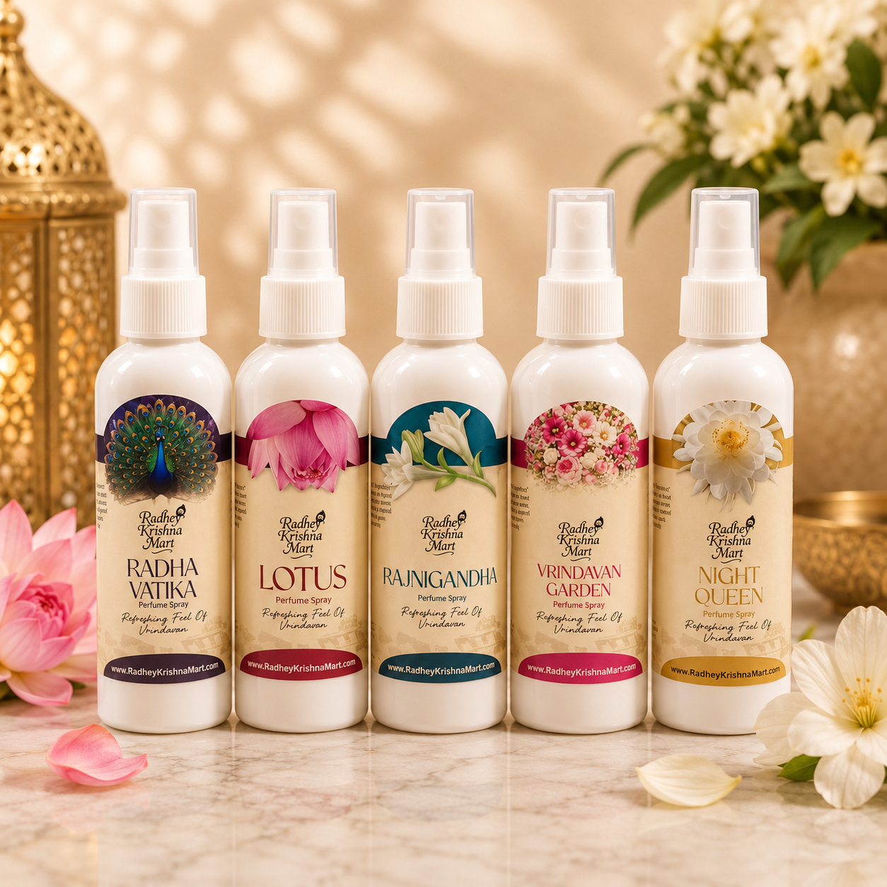 Premium Perfume Combo for Thakurji Vastra Seva | Type 2 | Pack of 5 Divine Floral Fragrances | Night Queen, Vrindavan Garden, Lotus, Radha Vatika & Rajnigandha | 100ml Each | Radhey Krishna Mart