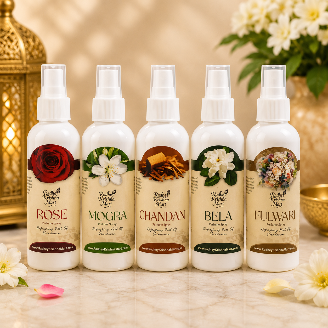 Premium Perfume Combo for Thakurji Vastra Seva | Type 3 | Pack of 5 Divine Floral Fragrances | Rose, Mogra, Bela, Chandan & Fulwari | 100ml Each | Radhey Krishna Mart