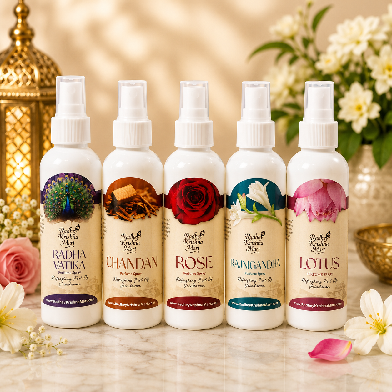 Premium Perfume Combo for Thakurji Vastra Seva | Type 4 | Pack of 5 Divine Fragrances | Radha Vatika, Rose, Chandan, Rajnigandha & Lotus | 100ml Each | Radhey Krishna Mart